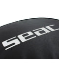 Close-up of black SEAC logo on Regulator And Octopus Dive Bag Grab And Go Black Case For Scuba Gear Protects Regulators And Computer.