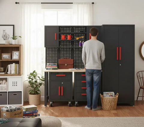 Person in front of Heavy Duty Garage Storage Cabinet Set For Tool Organization 6 Piece System With Steel Cabinets Rolling Drawers