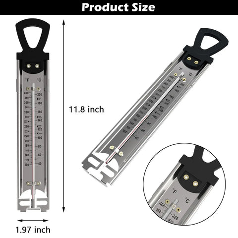 Candy Thermometer With Pot Clip Instant Read Six Stage Deep Fry And Candy Making Gauge showing product dimensions.