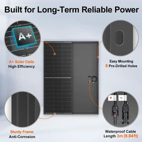 High Wattage 400W Monocrystalline Solar Panel With 31V For 12V And 24V Systems Aluminum Frame 3 Meter MC4 Cable Pre Drilled Holes