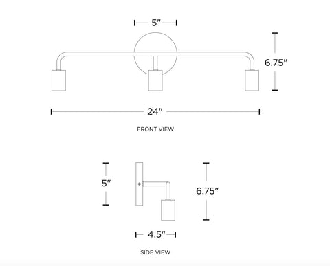 Dimensions diagram of Brass Three Light Vanity Wall Fixture For A Modern Farmhouse Bathroom Vibe, 24 Inch Wide, E26 Sockets, 60W Max Per Bulb, 120V, Vintage Brass Finish, Exposed Bulbs Look, ETL Listed
