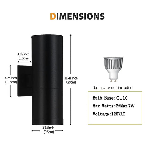 4 Pack Outdoor Wall Lights For Porch And Patio, Waterproof Black Aluminum Sconce Fixtures with dimensions and bulb specs