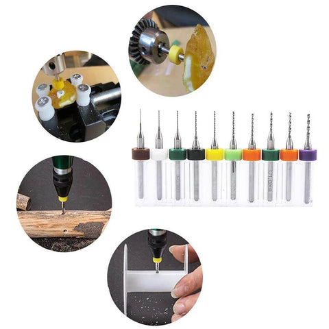 WayinTop 50pc PCB drill bit set, front view, carbide spiral flute bits, 0.3-1.2mm, color-coded shanks.