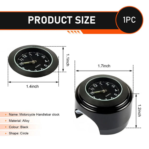 Bike Handlebar Clock Waterproof And Shockproof Metal Time Display For 25-26 Mm Bars With Night Visibility, size and dimensions shown