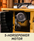 5 horsepower motor inside Heavy Duty 10 Inch Table Saw With Rolling Workbench, showing powerful design and functionality.