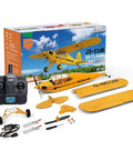 Upgrade 5 Channel RC Plane With 3D And 6G Gyro J3 Cub Style Airplane in yellow with accessories and packaging.