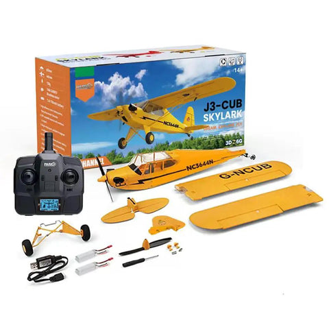 Upgrade 5 Channel RC Plane With 3D And 6G Gyro J3 Cub Style Airplane in yellow with accessories and packaging.