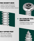 Dead Set Solid 304 Stainless Steel Security Screws In A Bulk Pack Of One Hundred Pieces With Tamper Proof Pin In Star Drive showing features like torx drive and self-tapping point.