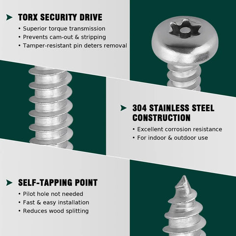Dead Set Solid 304 Stainless Steel Security Screws In A Bulk Pack Of One Hundred Pieces With Tamper Proof Pin In Star Drive showing features like torx drive and self-tapping point.