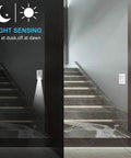 4 Pack Illuminated Light Switch With LED Night Light, Auto On/Off Sensor, Single Pole, 15A, 120/277V, White installed on stairs
