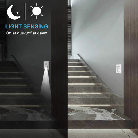 4 Pack Illuminated Light Switch With LED Night Light, Auto On/Off Sensor, Single Pole, 15A, 120/277V, White installed on stairs