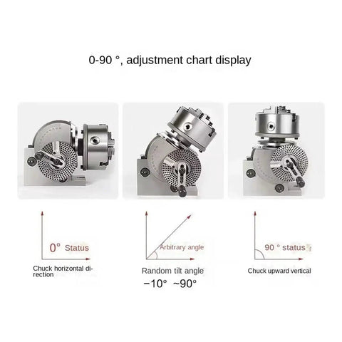 Dead On Precision 4 Inch Dividing Head With 3 Jaw Chuck And Sturdy Tailstock Kit For Milling Machines Semi Universal Rotary Table Garage Shop Rig Upgrade Tool Set adjustment display images showing tilt angles.