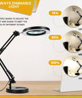 2 In 1 Clamp And Desk Magnifier Lamp With Dimmable LED Light Swivel Arm illustrates dimmable settings for close work.