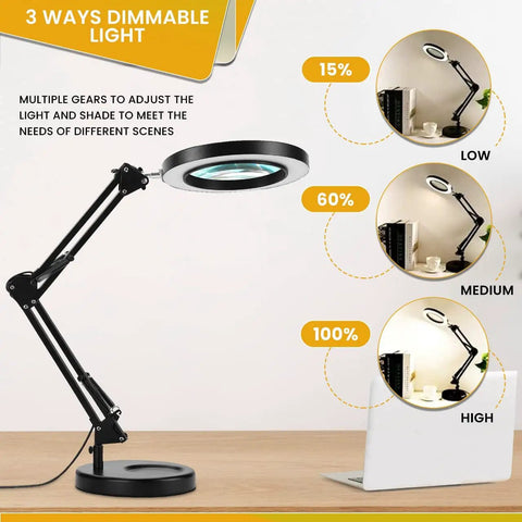 2 In 1 Clamp And Desk Magnifier Lamp With Dimmable LED Light Swivel Arm illustrates dimmable settings for close work.