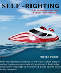 Beast Speed Remote Control Boat With Self Righting And LED Lights For Lakes And Rivers on water, showcasing red hull