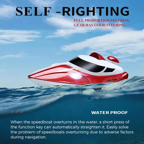 Beast Speed Remote Control Boat With Self Righting And LED Lights For Lakes And Rivers on water, showcasing red hull