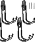 Heavy Duty Garage Hooks 4 Pack J Shaped Wall Mounted Hanger Organizer For Ladders Bikes Tires Hose And Tools Durable Steel Construction With Non Slip Rubber Ends For Maximum Stability displayed with mounting screws