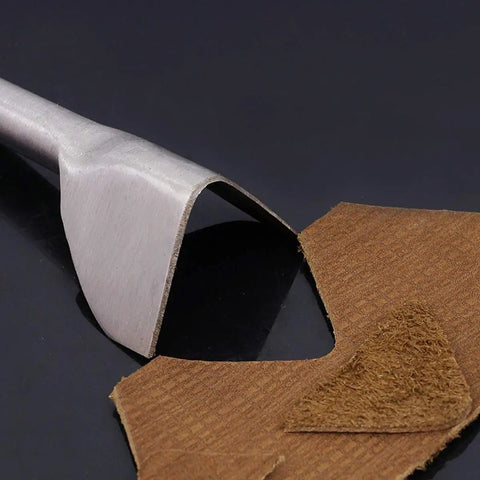 V Shape Leather Craft Punch Set half round cutter in use on brown leather, showing precise cut edges, pro-grade iron.