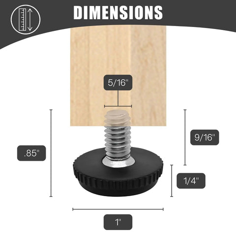 Dimensions of Stainless Steel Outdoor Furniture Levelers 5/16-18 Screw-In Adjustable Feet with 1-inch base and 9/16-inch stud