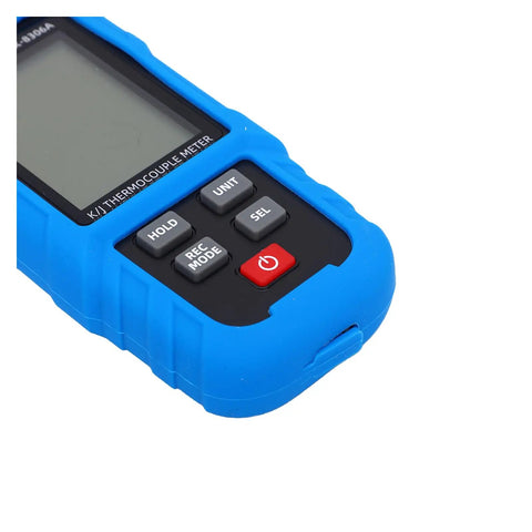 Heavy Duty Digital Thermocouple Thermometer Type K J Probe with blue rubber casing and control buttons for precision temperature measurements.