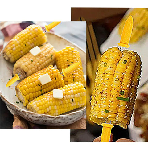 10 Piece Stainless Steel Corn Holders Set For Corn On The Cob Twin Prong Skewers with buttered corn on a platter