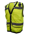Tough As Nails Safety Green High Visibility Vest For Industrial And Road Crews Featuring Breathable Mesh Neckline And ANSI Certified Reflective Bands Built For All Day Grind, showing front view with pockets.