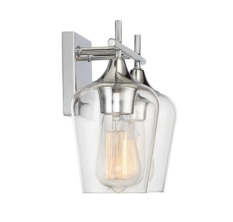 Close-up of Octave Bohemian Clear Glass Bathroom Vanity Wall Light Two-Light Fixture, polished chrome finish, side view