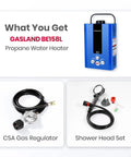 On Demand Propane Tankless Water Heater 6L Portable For RVs Boats And Campsites, 41,000 BTU with accessories.