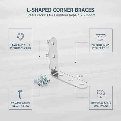 Sturdy L Shaped Corner Braces For Furniture 2x2 Inch Right Angle Brackets with Screws Set Of Five for reinforcing joints
