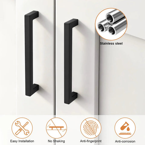 Rock Solid Flat Black Cabinet Pulls 10 Pack Stainless Steel Square Drawer Handles modern cabinet doors with sleek black handles.