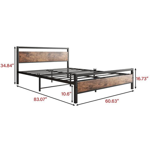Top Tier Queen Platform Bed Frame With Solid Wooden Headboard Heavy Duty Steel Base Extra Under Bed Storage Noise Free No Box Spring Setup Straight Up Durable For Your Prime Chill Zone with dimensions.