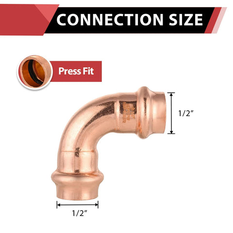 Front view: pack of 10 copper 1/2 in x 1/2 in press-fit 90-degree elbow fittings.