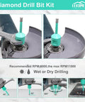 LEKOMESH diamond core drill bit kit, 1-3/8 in (35 mm) with 5/8-11 thread for tile and stone; green chuck adapter