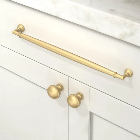 Talentedeco 10 Pack Brushed Gold Kitchen Cabinet Pulls 10 Inch drawer handle on white kitchen cabinet.