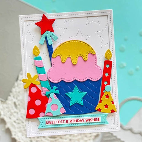 Colorful birthday card with cake and candles using Happy Birthday Balloons Metal Die-Cuts For Scrapbookers And Card Makers, DIYers