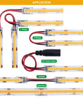 8mm 2 Pin COB LED Strip Connector Kit with DC Female Input showing L, U shapes and seamless jumper connections