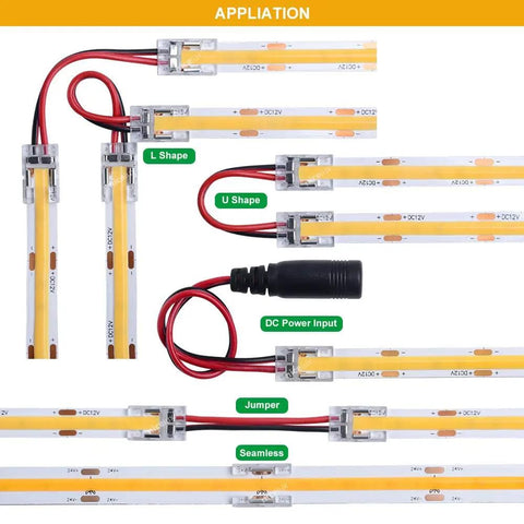 8mm 2 Pin COB LED Strip Connector Kit with DC Female Input showing L, U shapes and seamless jumper connections
