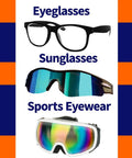 Eyewear display: 3 items - black eyeglasses, blue mirrored sport sunglasses, white-rim ski goggles.