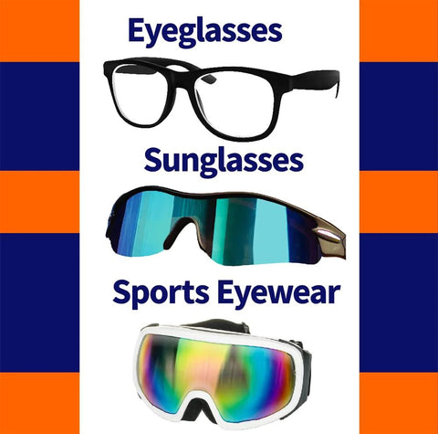 Eyewear display: 3 items - black eyeglasses, blue mirrored sport sunglasses, white-rim ski goggles.