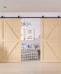 Installed 6.6Ft Antique Top Mount Double Sliding Barn Door Hardware Cabinet Kit Black Finish with 79.2In track