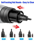Close-up of self-locking nut heads for Heavy Duty 2 In 1 Electric Rivet Gun And Nutsetter Tool With Memory Mode, easy to change.