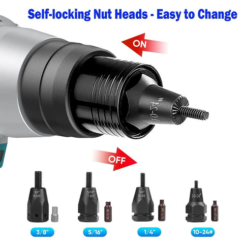 Close-up of self-locking nut heads for Heavy Duty 2 In 1 Electric Rivet Gun And Nutsetter Tool With Memory Mode, easy to change.
