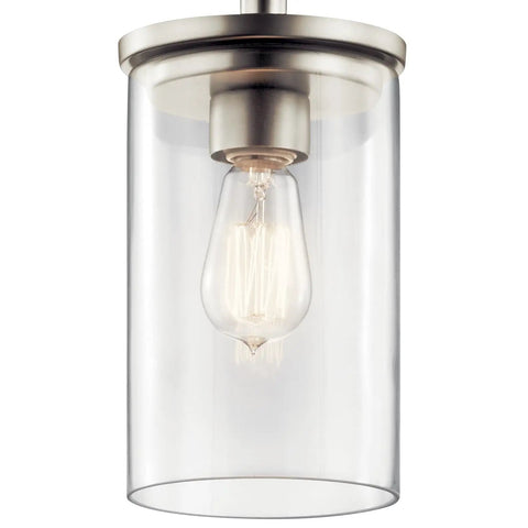 Brushed Nickel Mini Pendant Light With Clear Glass Shade For Kitchen Island Or Sink showing Edison bulb in clear cylindrical glass.