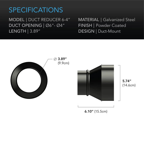 Six Inch To Four Inch Duct Reducer Cone Adapter For Grow Tents And Home Ventilation Systems side and front view with dimensions.