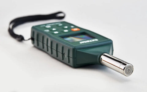 Compact Digital Sound Level Meter With Plus Minus 1dB Accuracy, Class 2, Backlit LCD, handheld noise gauge on white