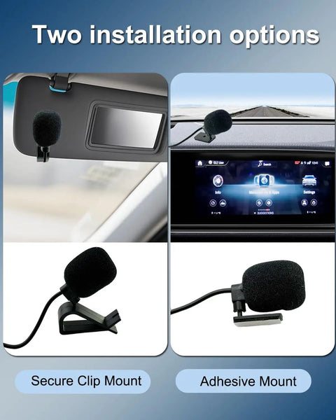 Crystal Clear 3.5mm Car Microphone For Aftermarket Radios With 16.4 Feet Cable And 2.5mm Adapter installation options, clip and adhesive mount.