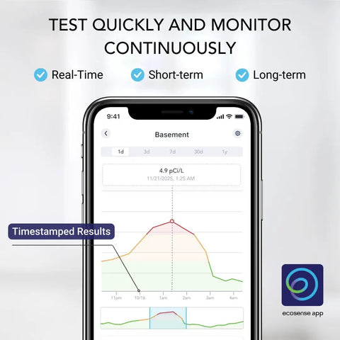 Continuous Home Radon Detector With Battery Power And Display Super Fast Readings For Quick Easy Home Safety Checks EF100 Style Smart Radon Sensor Fast Easy To Read Digital Display And Battery Operated For Portable Home Monitoring, phone app graph
