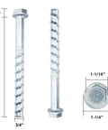 Rock Solid 3/4 Inch By 6 Inch Hex Concrete Screw Anchor Bolts Heavy Duty Carbon Steel Zinc Plated Finish showing dimensions.