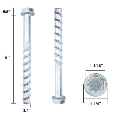 Rock Solid 3/4 Inch By 6 Inch Hex Concrete Screw Anchor Bolts Heavy Duty Carbon Steel Zinc Plated Finish showing dimensions.