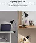 Eye-Caring Clip On Desk Lamp With 360 Degree Gooseneck Reading Light shown on desk and shelf, ideal for bedrooms and offices.